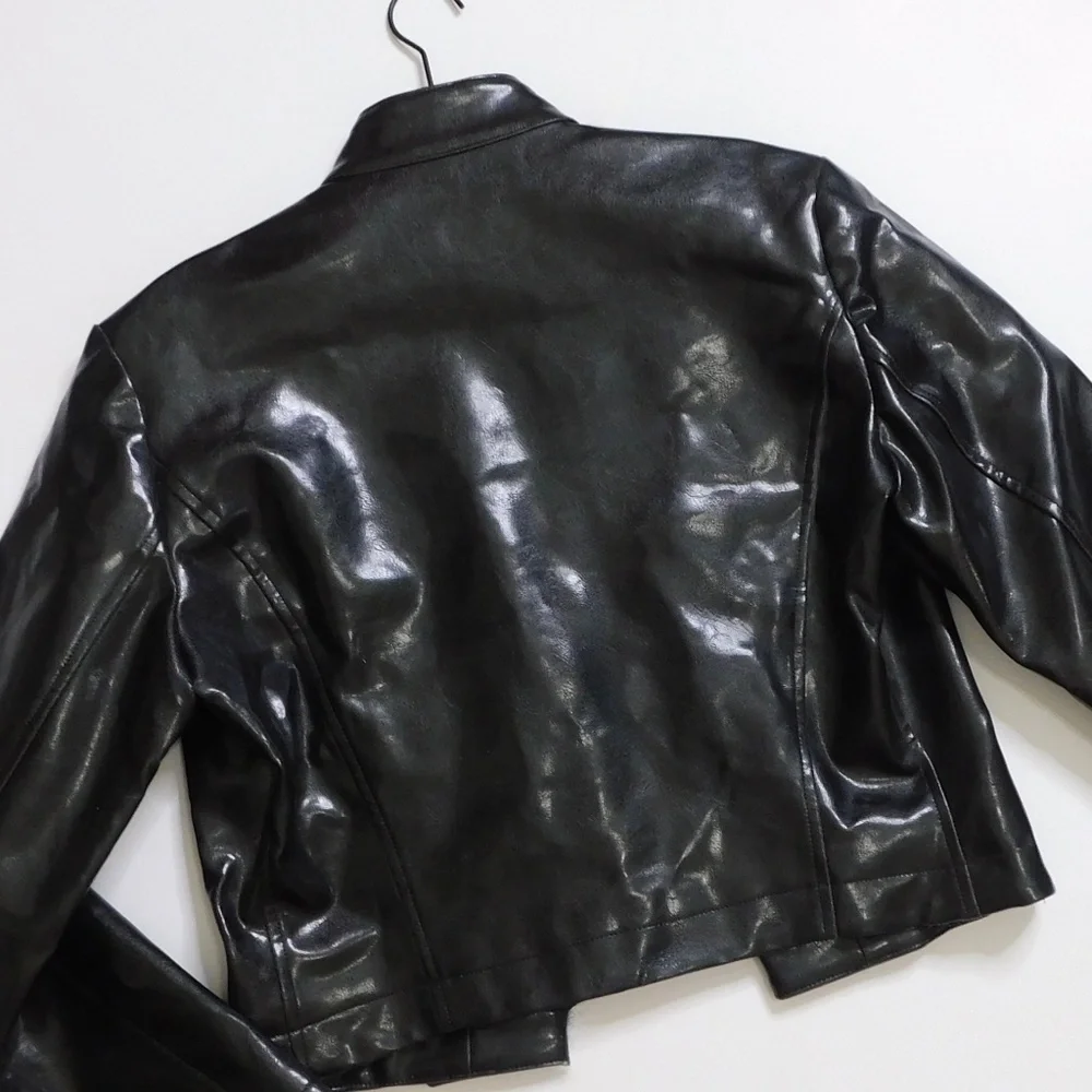 SHRINE OF HOLLYWOOD Faux Leather Jacket‎ Embossed Buttons Vegan Unisex Large
